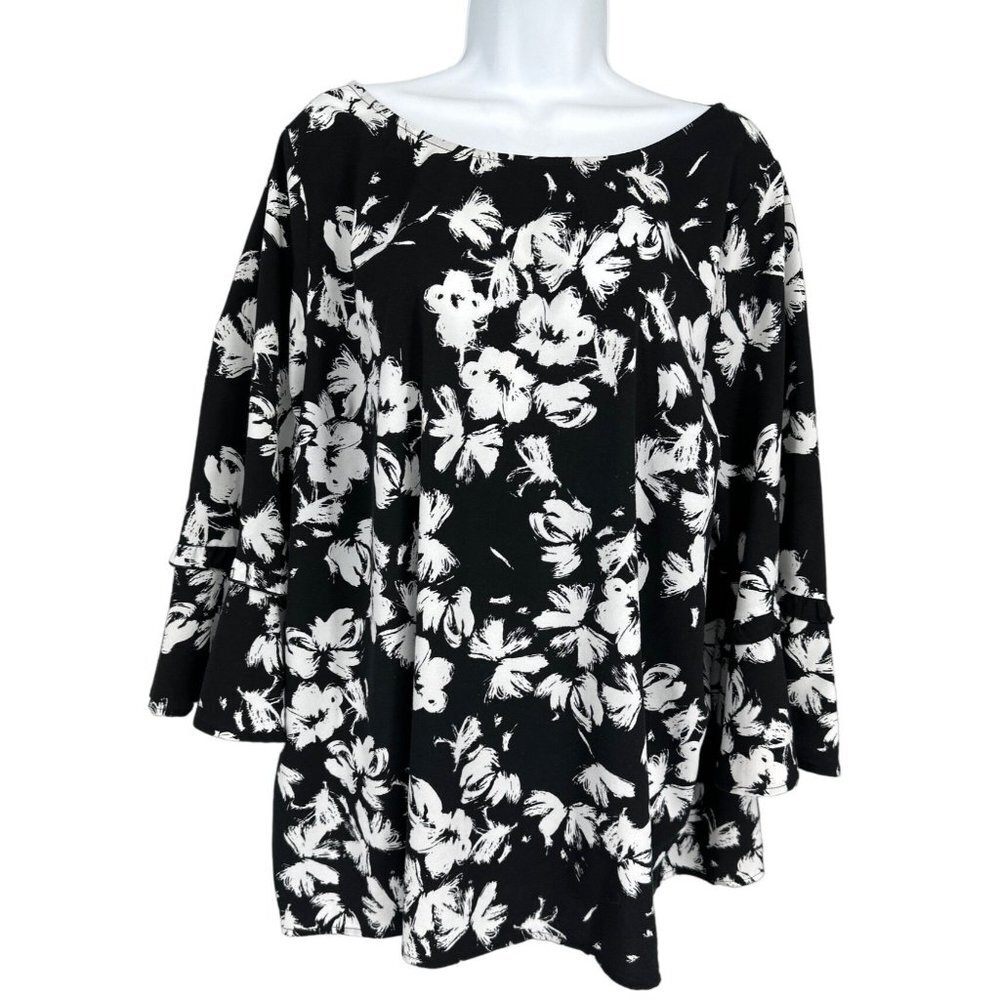 Lane Bryant Womens 3/4 Bell Sleeve Round Neck Black/White Floral Blouse Size‎ 18